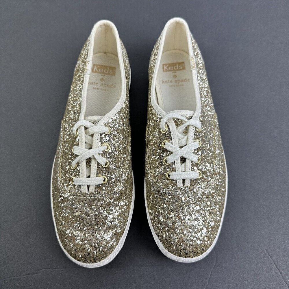 Keds For Kate Spade 7‎ Gold Glitter Platinum Lace Up Shoes Womens